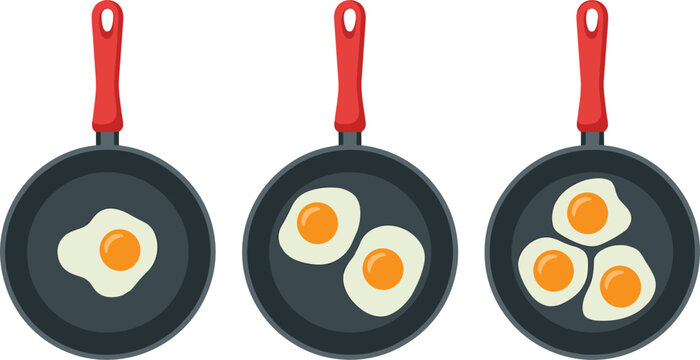 Fried eggs in frying pan vector illustration set, top view of cooked sunny side up eggs in skillets isolated on white background for breakfast menu icon.