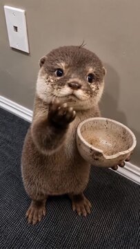 Adorable baby otter holding a small ceramic bowl while gesturing with its tiny hand in this cute motion video clip