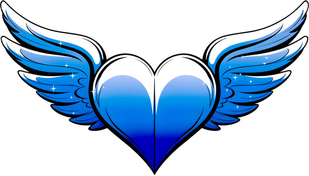 Digital illustration of a modern minimalist style glossy blue heart with angel wings and stars