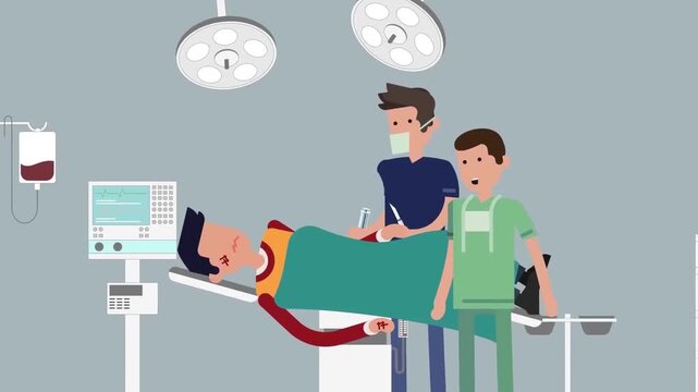 2D Animated Hospital Operating Room with Surgeons and Medical Staff Performing Surgery on Patient Flat Vector Character Animation Footage