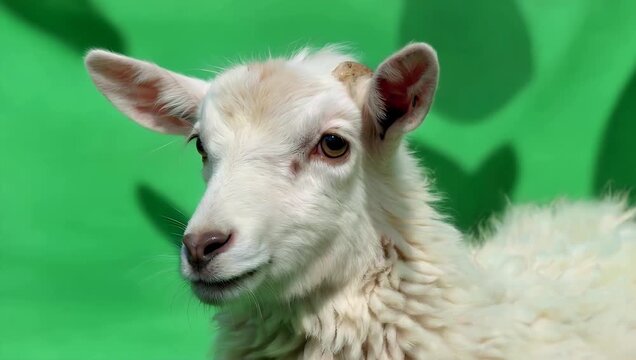 High definition 4K studio animal capture of an adorable white ewe looking curiously into the lens before looking aside shot against a solid chroma key screen to highlight detailed fleece textures for