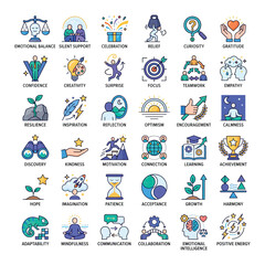 Fototapeta premium Emotional and Psychological Icon Set Depicting Traits of Balance, Growth and Positive Energy