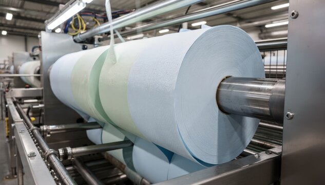 Dynamic medium frame showing tinted jumbo toilet tissue rolls moving through the embossing section of a fullscale converting line in a hightech processing plant.