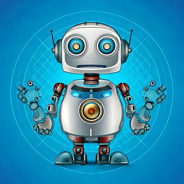 Whimsical robot with blue grid background