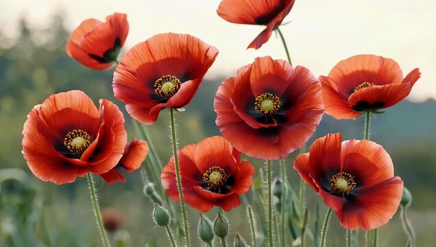 Captivating 4K slow motion footage of a wild field of crimson poppies dancing gracefully in the afternoon breeze emphasizing their paper thin petals vibrant summer colors and peaceful natural motion