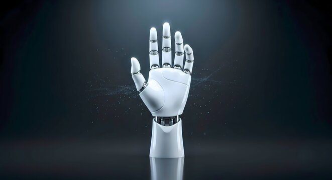 White robotic hand raised in artificial intelligence concept