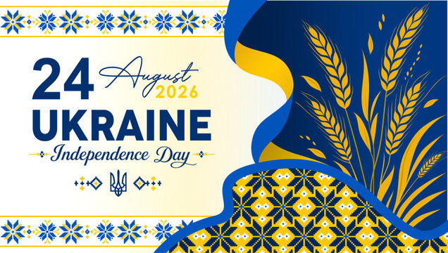 35th Ukraine Independence Day 2026 Wheat Banner Template. . Flat style horizontal celebration layout for Ukraine's 35th Independence Day, featuring golden wheat stalks and flag waves.