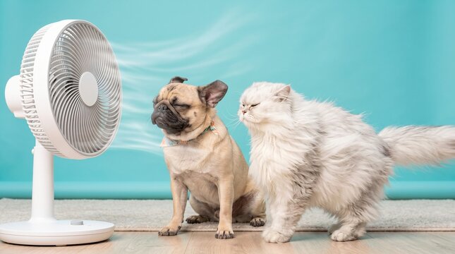 the funny, wind-blown expressions of a dog and cat cooling off in front of a fan.