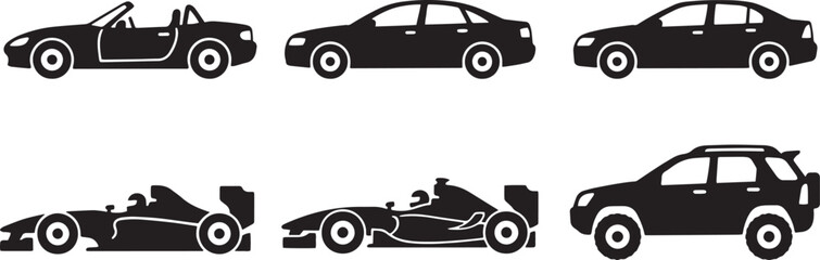 Fototapeta premium Black car silhouettes set, 6 vehicle icons including sedan and suv, flat automotive vector graphics for transport design