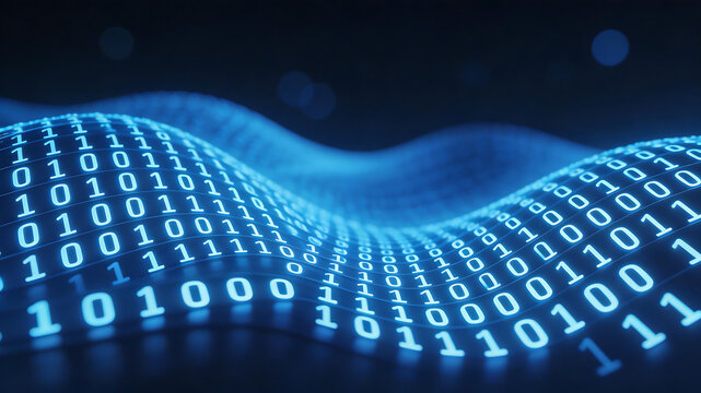 Binary code wave on dark background