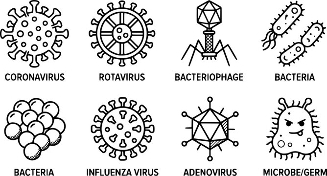Cartoon viruses and microbes. Disease causing germs, coronavirus and rotavirus. Bacterial infection microorganisms vector illustration icons set
