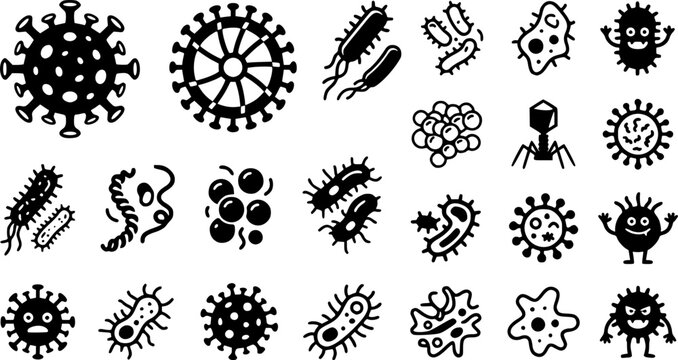 Cartoon viruses and microbes. Disease causing germs, coronavirus and rotavirus. Bacterial infection microorganisms vector illustration icons set