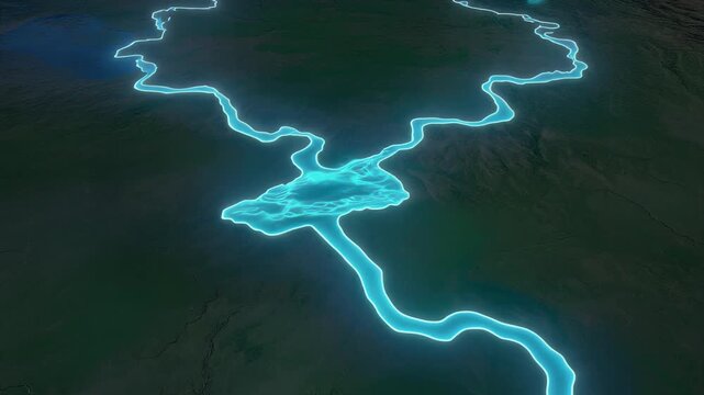 Glowing Digital River Map on 3D Terrain for Spatial GIS Cartography and Hydrology Data Visualization
