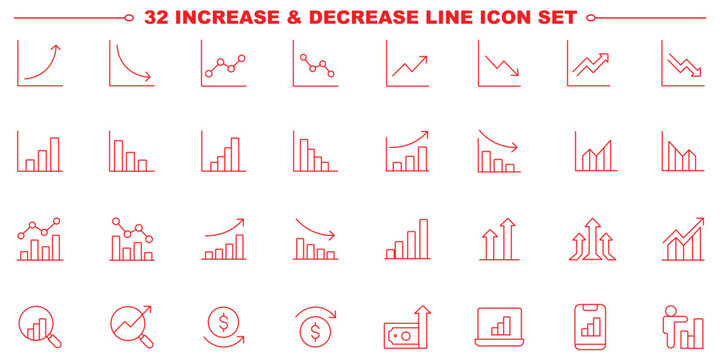 Increase and Decrease line Editable Icons set. Graph, Diagram, business growth, finance, economy, statistics, summary, profit, pictogram, fall, arrow up, down