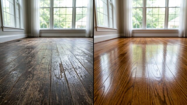 Before and after comparison of old scratched hardwood floor restoration and professional wood floor refinishing indoor home improvement background