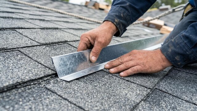 Roof flashing installation techniques, hands measuring metal flashing, asphalt shingles maintenance, precision roof repair, residential roofing, securing home roof against water damage