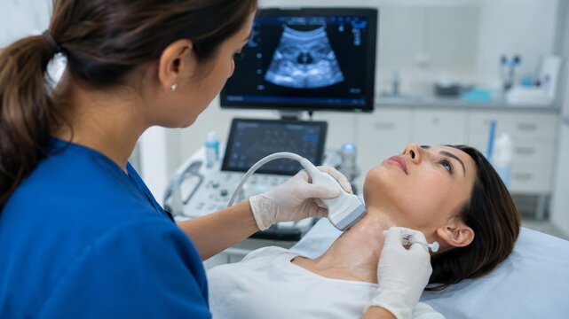 Ultrasound-guided thyroid examination in medical diagnosis, clinical setting with ultrasound technician, patient undergoing neck scanning, detection of thyroid nodules, precise medical imaging