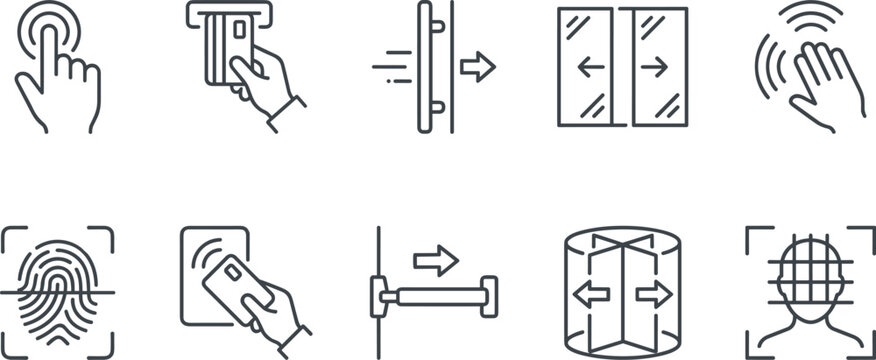 Access Control and Automatic Door Line Icon Set Featuring Biometric Fingerprint, Face Recognition, Card Reader, Touchless Sensor, and Revolving Entrance Symbols