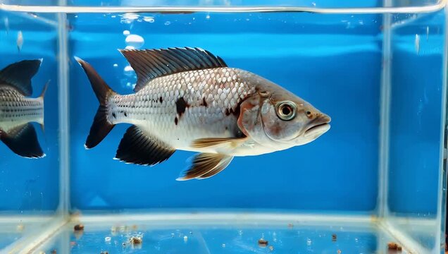 4K aquarium footage of Parachromis dovii Wolf Cichlid swimming against blue background showcasing vibrant fish coloration smooth motion aquatic wildlife stock 