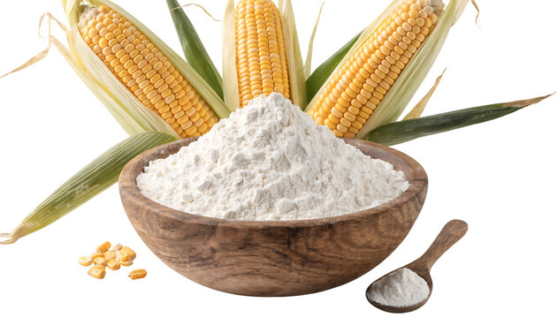 Bowl of cornstarch surrounded by fresh ears of corn and kernels transparent background