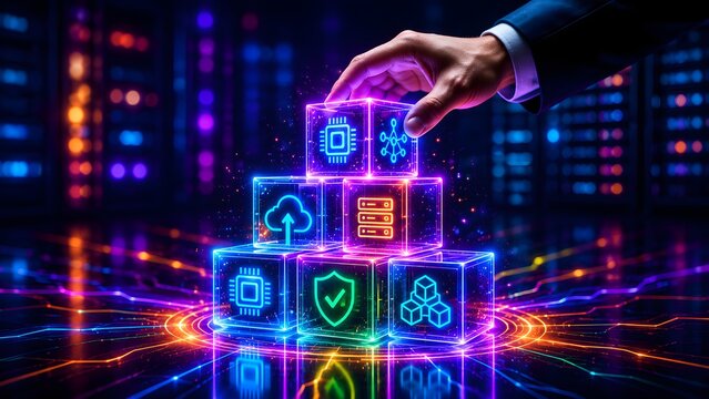 Businessman hand stacking glowing neon tech cubes in server room. Concept of cloud computing, data protection, and network infrastructure.