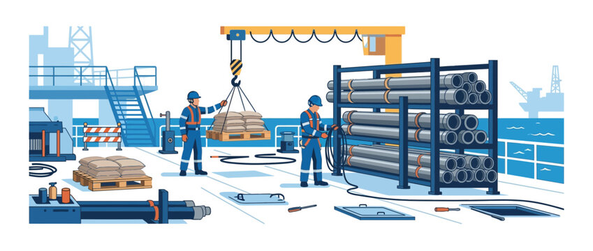 Industrial workers operating crane, loading pipes and materials on offshore platform