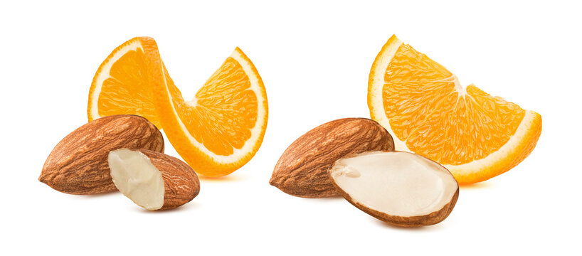 Almond nuts and orange slices isolated on white background. Real photography
