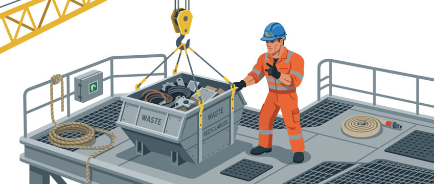 Construction worker with crane lifting waste bin at industrial site