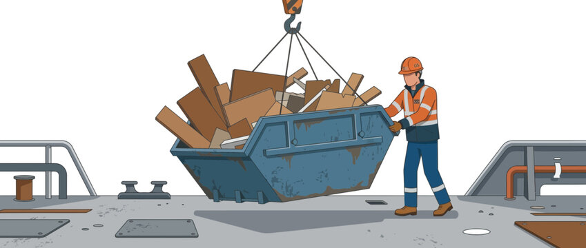 Construction worker loading debris into a skip bin with a crane, waste management concept.