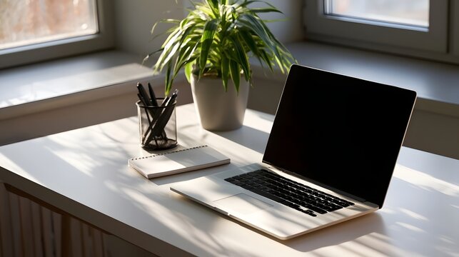 Minimalist workspace with open laptop  potted plant  notebook  and pen holder bathed in natural sunlight near