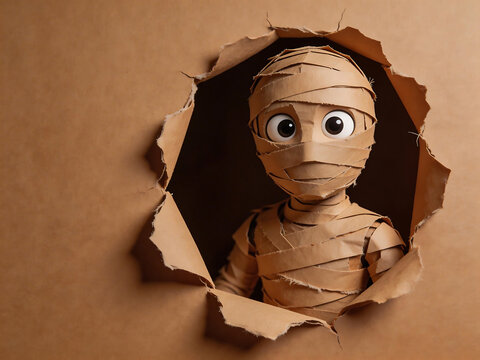 Cardboard mummy figure emerging from hole