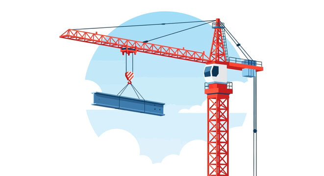 Red Tower Crane Lifting Steel I-Beam Vector Illustration for Construction and Building Site Development Concepts