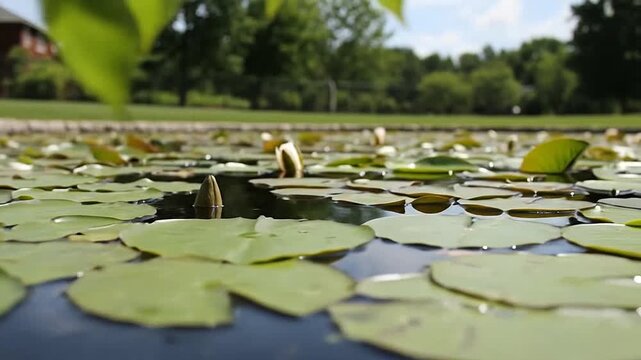 A serene pond surface features floating green lily pads and a single closed flower bud