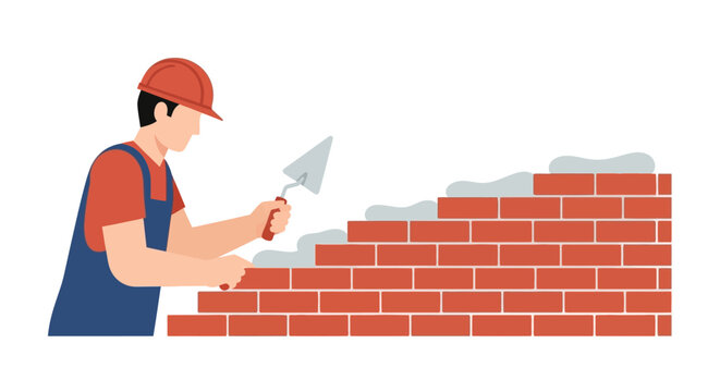 Construction Worker Building a Red Brick Wall with Trowel, Flat Illustration of Professional Mason at Work on White Background