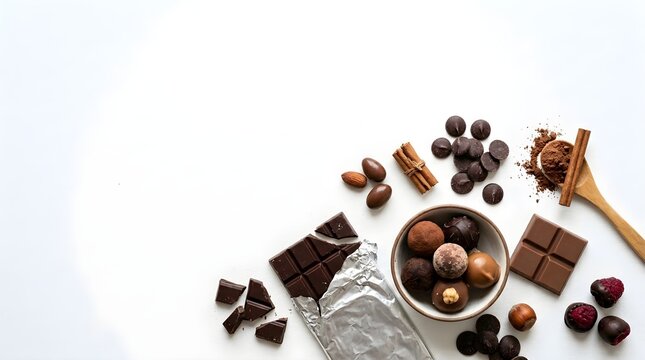 Assorted Premium Chocolate Flat Lay with Truffles, Cocoa Powder and Copy Space on White Background
