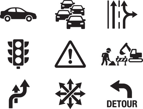 Traffic and road construction icons, black silhouette transportation symbols, 9 vector elements for urban navigation and detour signage