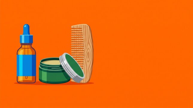 Beard grooming products display with comb and containers on orange background  