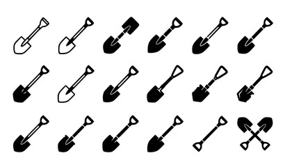 Black shovel symbol collection with spade digging garden and construction tool icons editable isolated vector set © Sagor
