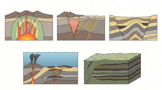 Five diagrams show Earth's subsurface: volcanism, folds, faults, hot springs