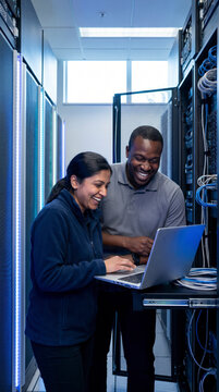 Two smiling colleagues reviewing data on a laptop in a bright server room aisle