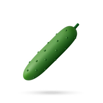Green cucumber 3d icon. Fresh vegetable isolated on white background. Healthy food and nutrition concept. Minimalist organic diet element for grocery store or kitchen design.
