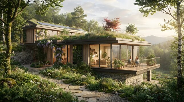 Modern house with green roof in forest