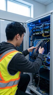 Engineer in a high visibility vest wiring cables at a server rack in a data center