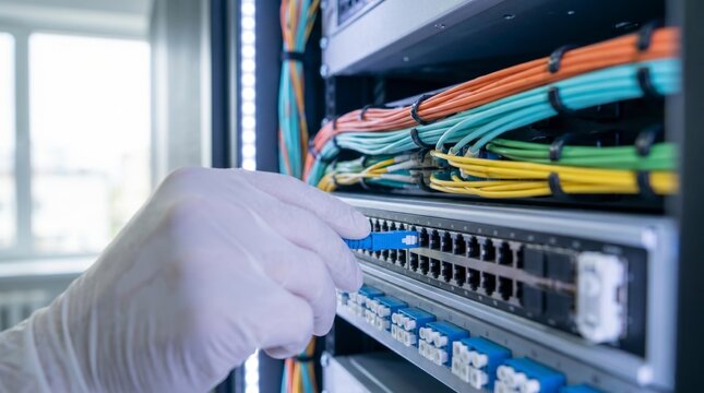 Gloved hand connecting colorful ethernet cables into a network patch panel closeup