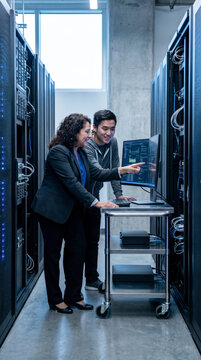 Two colleagues working at a mobile workstation in a server room aisle at a data center