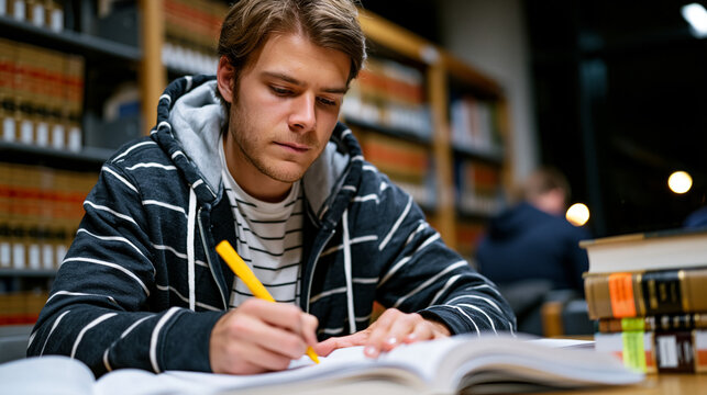 Young law student researching appellate court decisions alone in university law library at midnight, surrounding stacks of legal reporters, highlighter-marked casebooks, academic legal research, bar