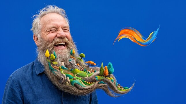 Elderly man with long beard smiling joyfully against blue background  