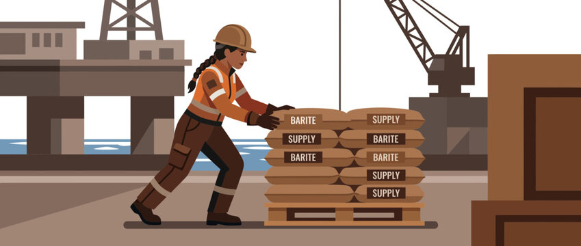 Woman pushing bags of barite supply on a pallet at an industrial port with offshore platform