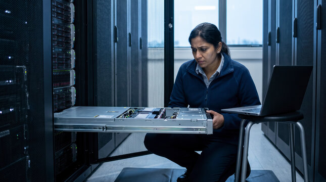 Female technician working on a laptop at a workstation in a data center server room