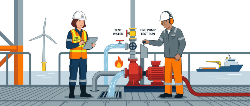 Offshore workers test fire pump system with wind turbine and ship in background